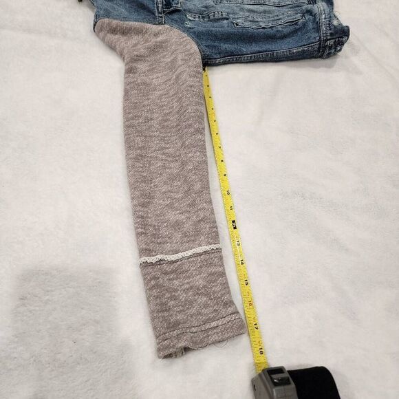 Free People Distressed Denim Jean Jacket Knit Sleeves w Hood Women's Small - Picture 6 of 9